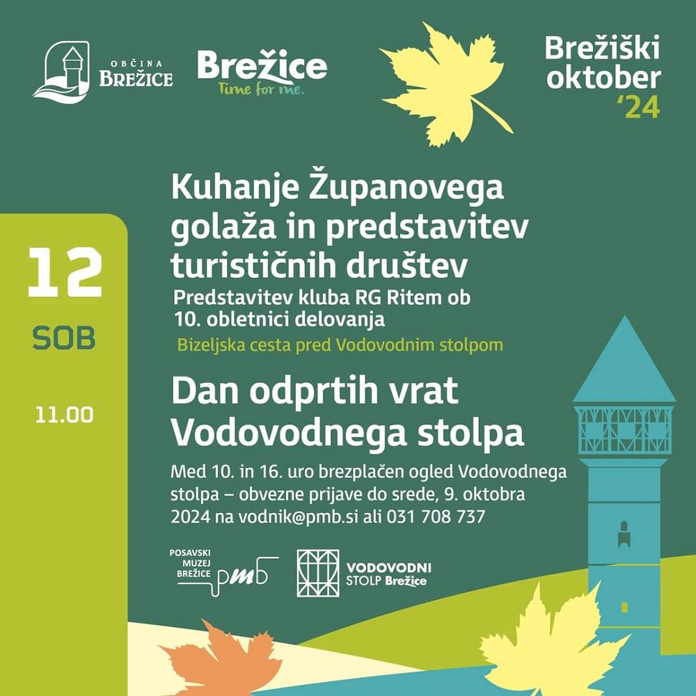 Grafični prikaz vabila za 12 oktober; znak občine Brežice, Posavskega muzeja Brežice, silhueta vodovodnega stolpa